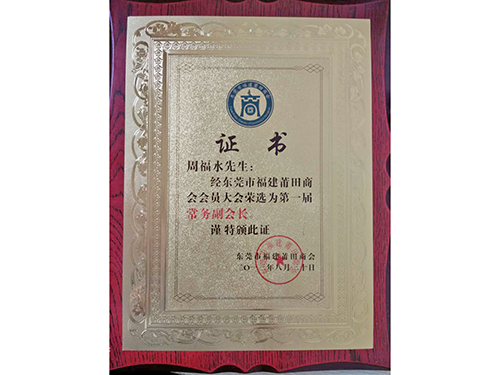 福建莆田商會(huì)常務(wù)副會(huì)長(zhǎng)證書